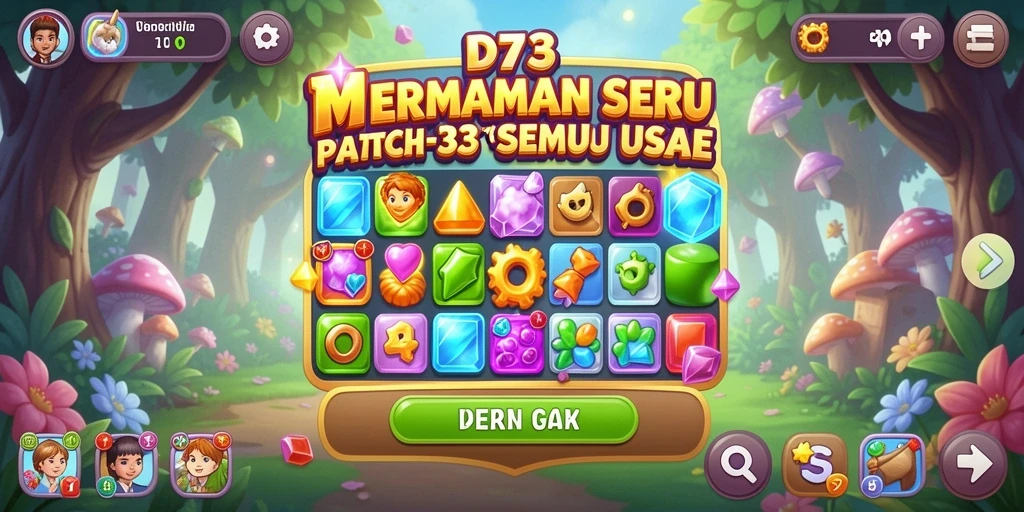 Screenshot D73 menunjukkan gameplay Match-3 yang seru dan penuh warna.