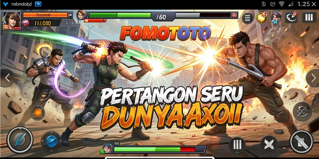 Screenshot gameplay FOMOTOTO menampilkan pertarungan yang mendebarkan.