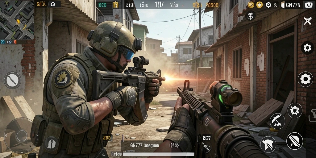 Screenshot gameplay GN777 menampilkan aksi menembak yang intens dan mendebarkan.