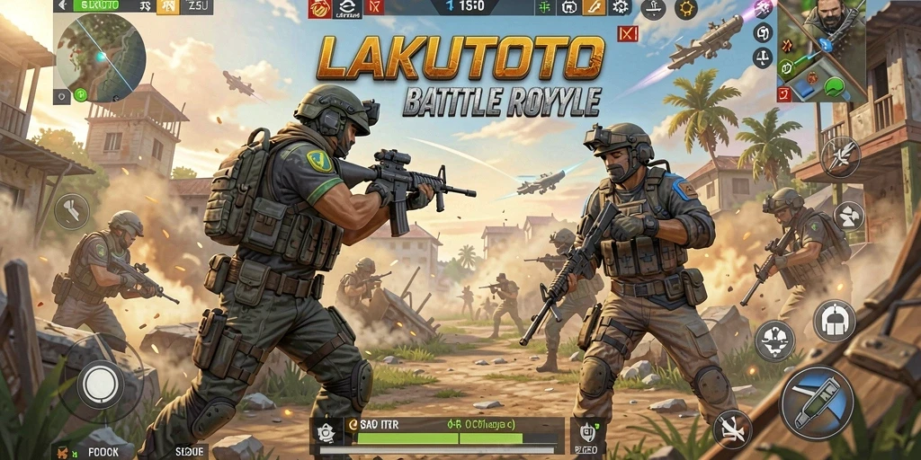 Tampilan seru gameplay <strong>LAKUTOTO</strong> dalam pertempuran Battle Royale yang menegangkan.