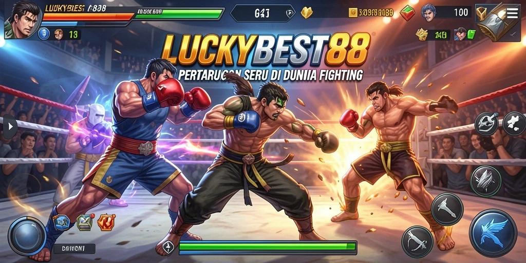 Tampilan gameplay LUCKYBEST88 dengan pertarungan seru dan karakter unik.