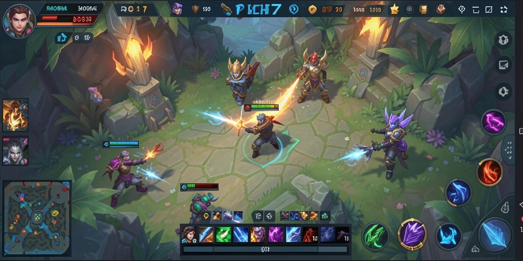 Screenshot gameplay RICH7 yang menunjukkan pertarungan seru di arena.