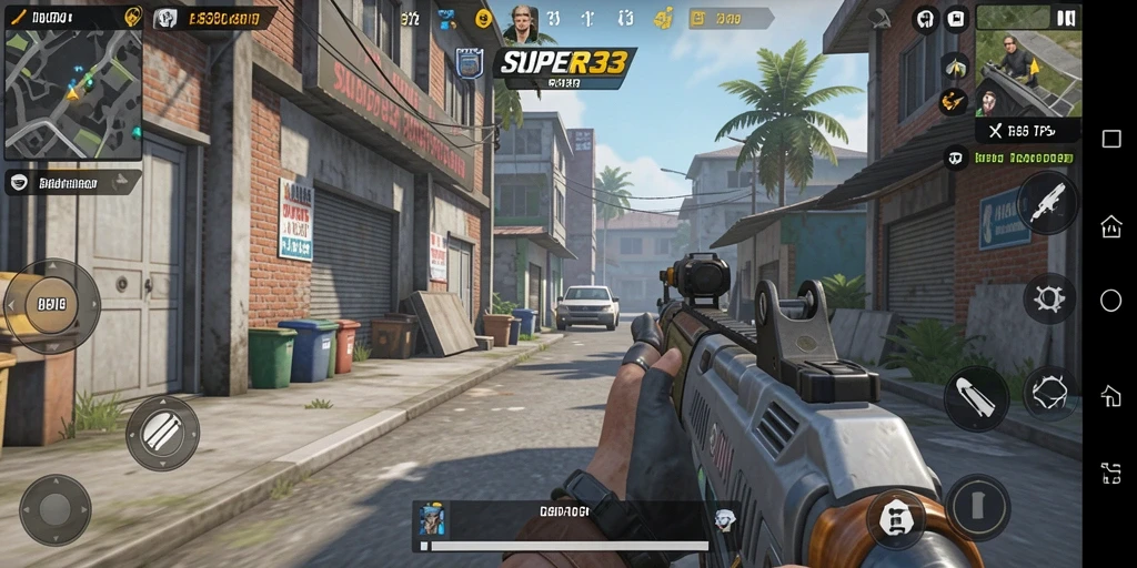 Screenshot gameplay SUPER33 menampilkan aksi tembak-tembakan mendebarkan