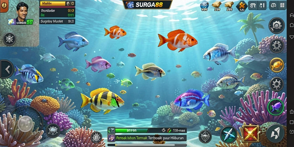 Tangkapan layar gameplay <strong>SURGA88</strong> menampilkan serunya menembak ikan di lautan.